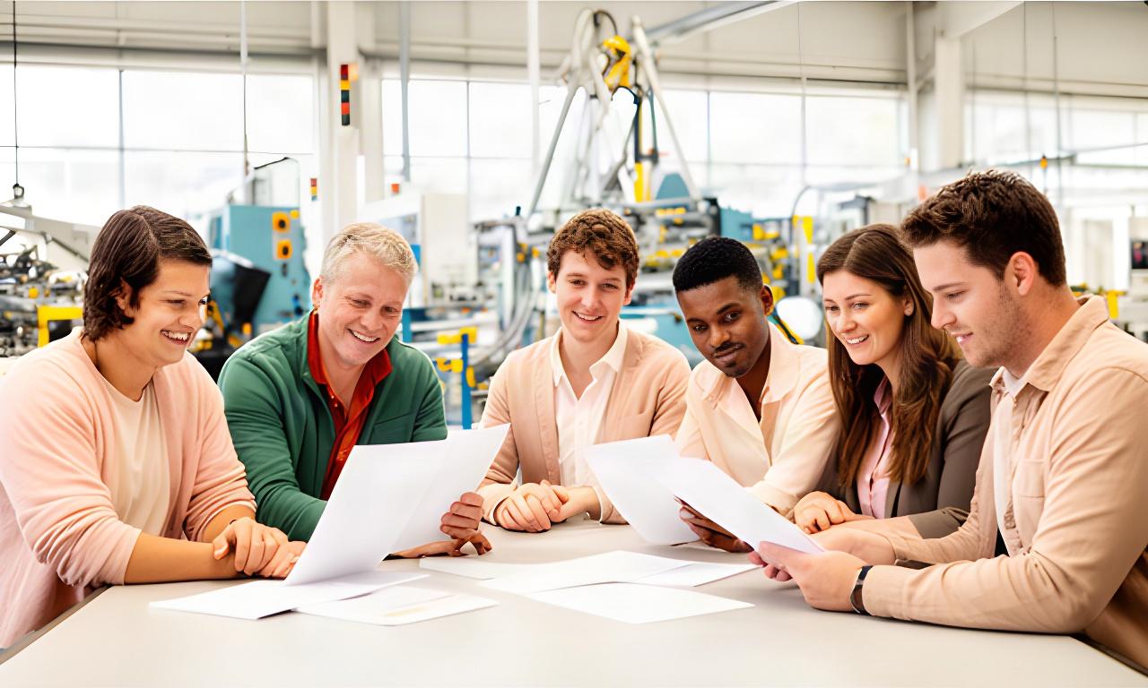 Regional manufacturing team reviewing recruitment materials in a bright Hunter Valley workplace